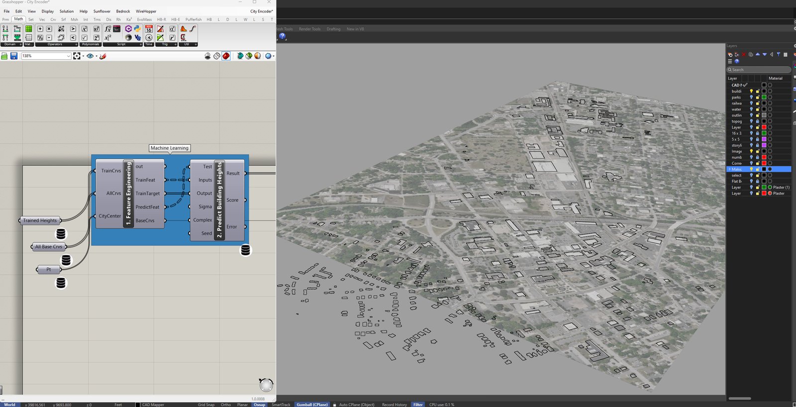 Flat city parcel footprints over an aerial image in Rhino and Grasshopper