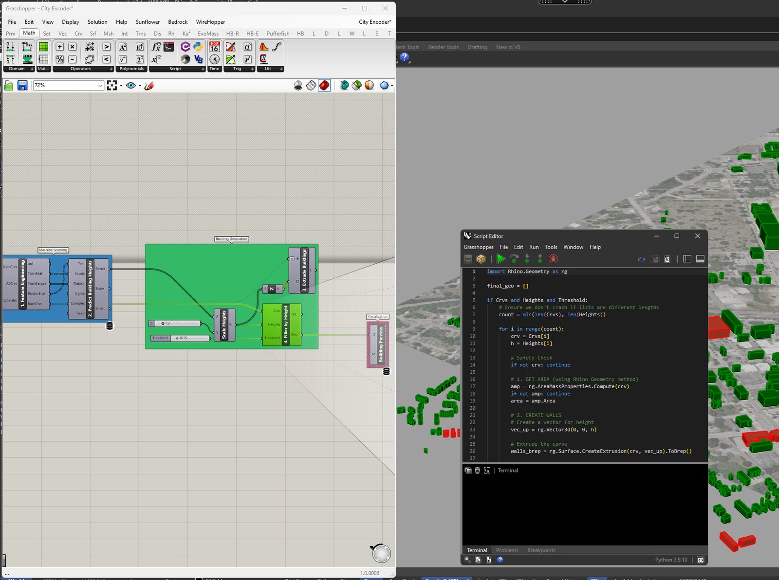 Python code computing per-parcel features and extruded buildings appearing