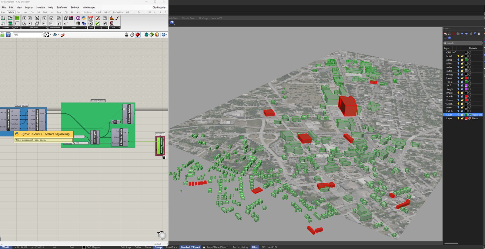 Entire city district massed in 3D, measured parcels in red and ML-predicted parcels in green
