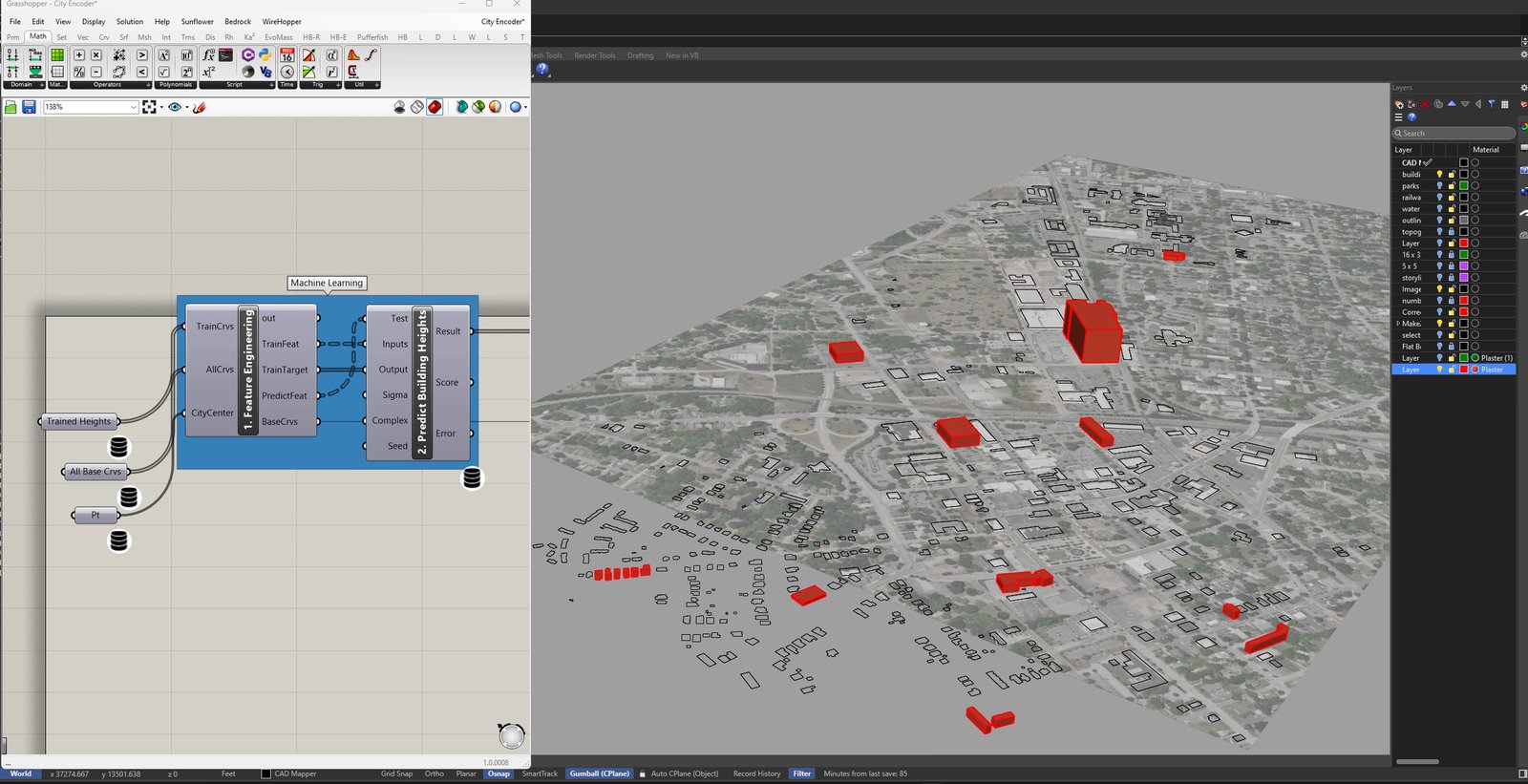 A small number of parcels extruded in red to their actual measured heights