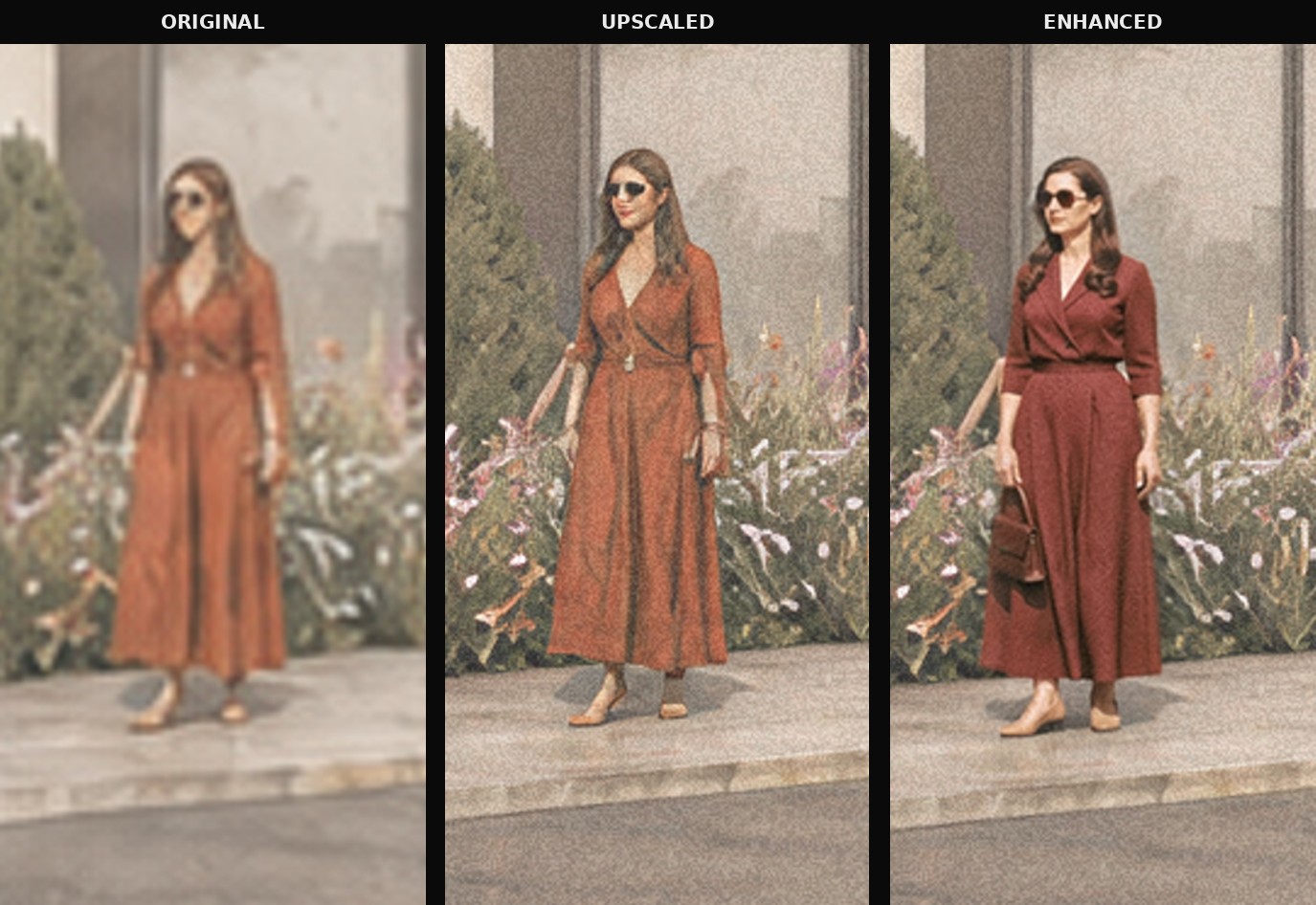 Same figure shown original, upscaled, and enhanced