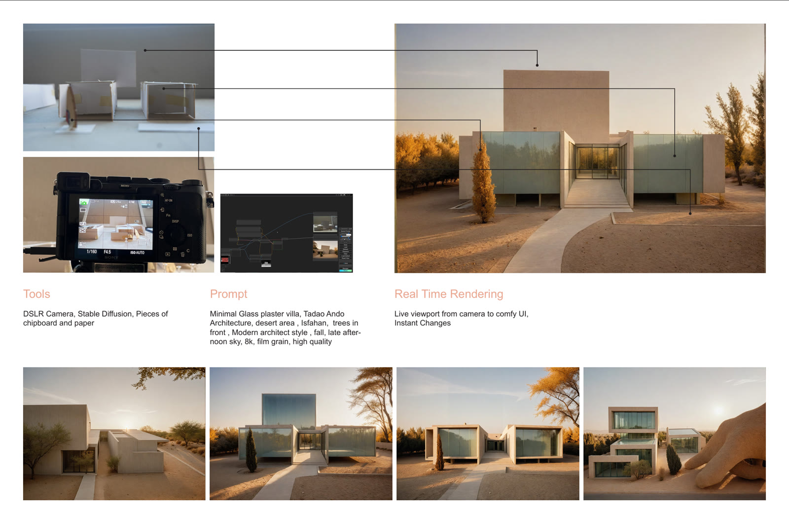 Breakdown of tools, prompt, and resulting real-time renders of a villa