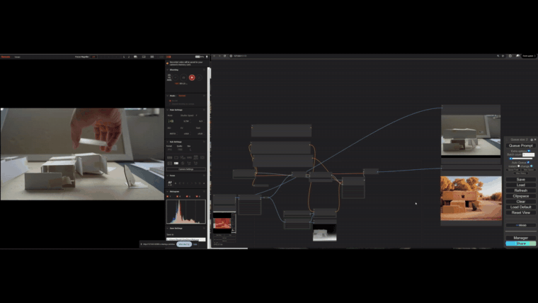 Hands rearranging a physical massing model while the render updates live