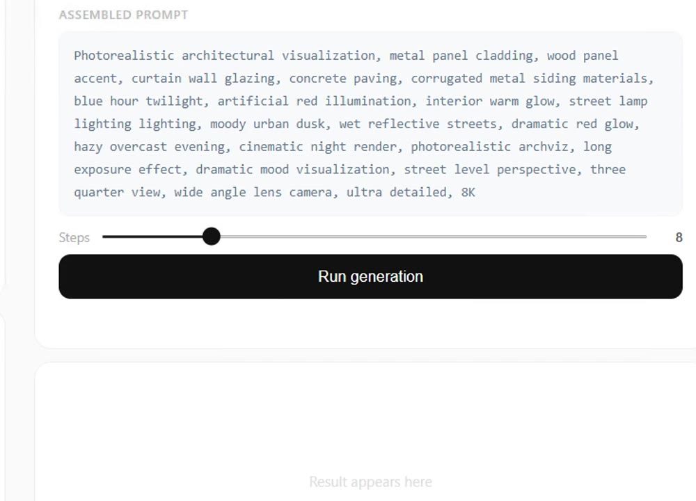 The assembled prompt text with a steps slider and run button