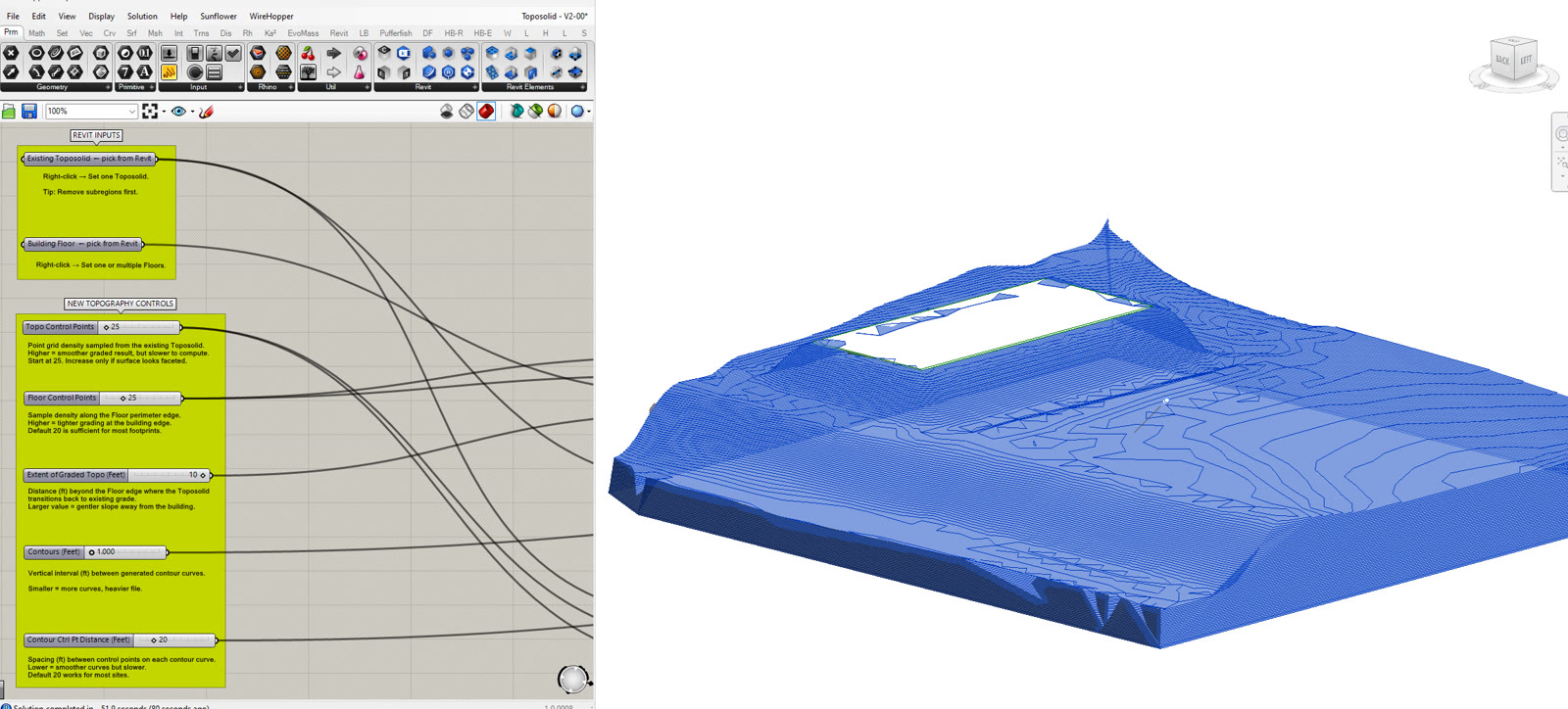 Final graded toposolid baked back into Revit, with the annotated Grasshopper script