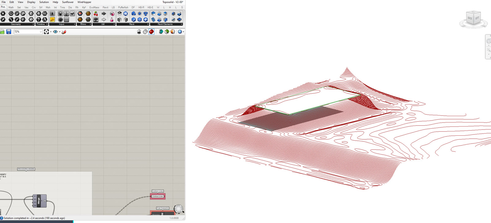Grasshopper computing the regraded contour mesh around the building
