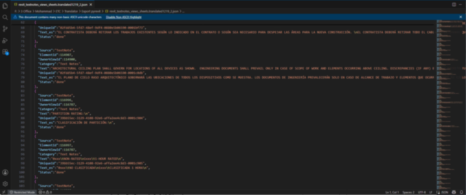 JSON file with source text, Spanish translation field, status and element IDs