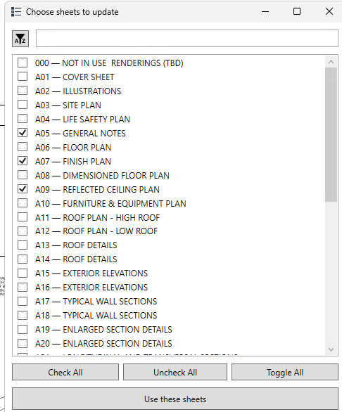 Dialog listing drawing sheets with checkboxes to choose which to update