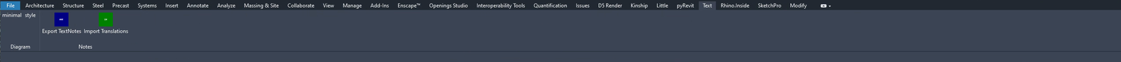 Custom Text tab in the Revit ribbon with Export TextNotes and Import Translations commands