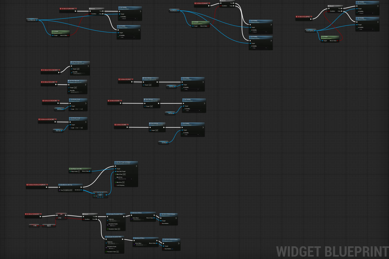 Widget Blueprint node graph driving the UI logic