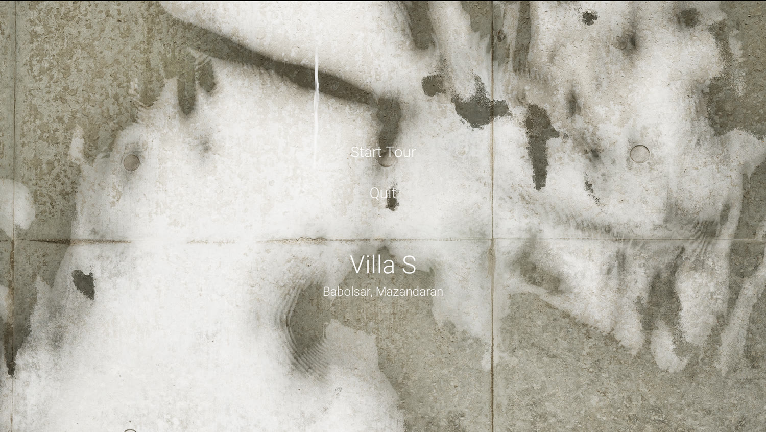 Villa S start menu with Start Tour and Quit over a concrete texture